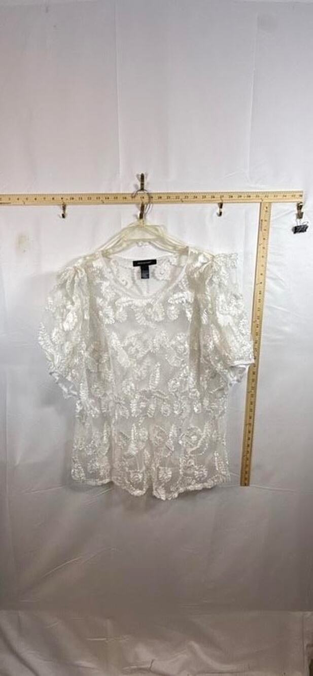 Ashley Stewart 18 20 Womens White Lace Floral Embroidered Blouse Puff Sleeve Top